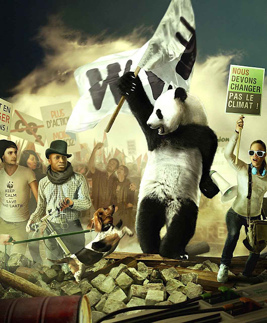 Cartaz do World Wildlife Fund se inspira em sanguinários episódios revolucionários franceses para a Revolução verde de hoje. Mudaram a cor e os personagens, mas a essência destrutiva é a mesma.