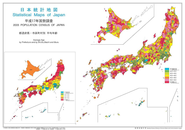 Envelhecimento da população japonesa, censo 2005 por idade e prefeitura (município).