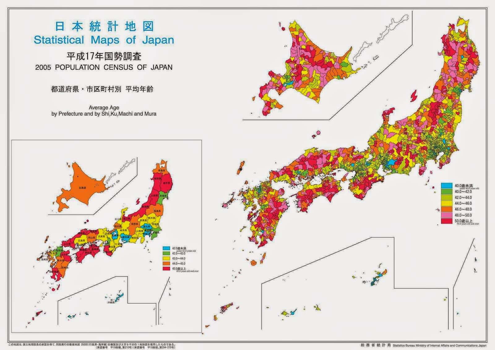 Censo 2005 do Japão: as cores apontam a idade média e o envelhecimento do país.