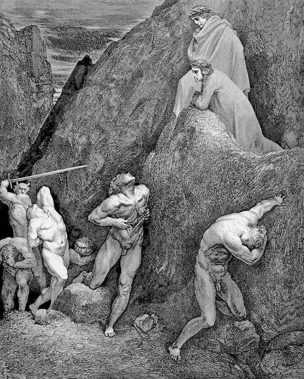 Maomé no inferno com as vísceras abertas. Ilustração de Gustave Doré (1832 – 1883) para a Divina Commedia de Dante Alighieri.