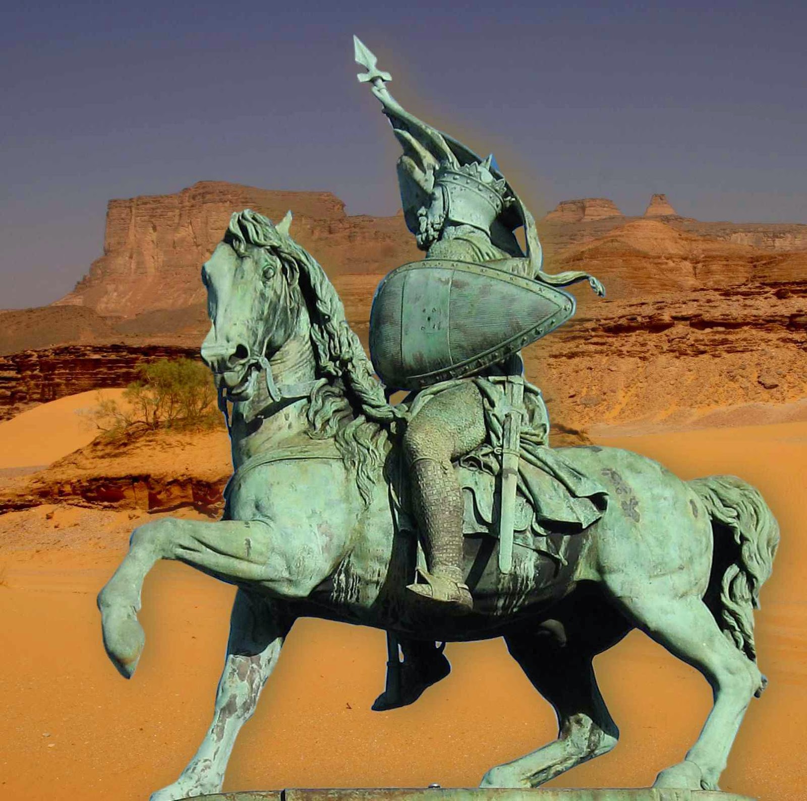 Godofredo de Bouillon, estátua equestre em Bruxelas. Fundo: deserto.