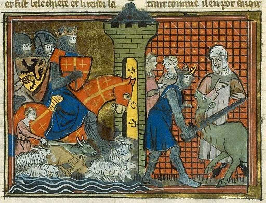 Godofredo de Bouillon corta a cabeça de um camelo de uma espadagada só.