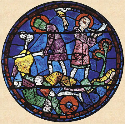 Roland toca o olifante e tenta destruir sua espada.  Vitral de Carlos Magno, catedral de Chartres